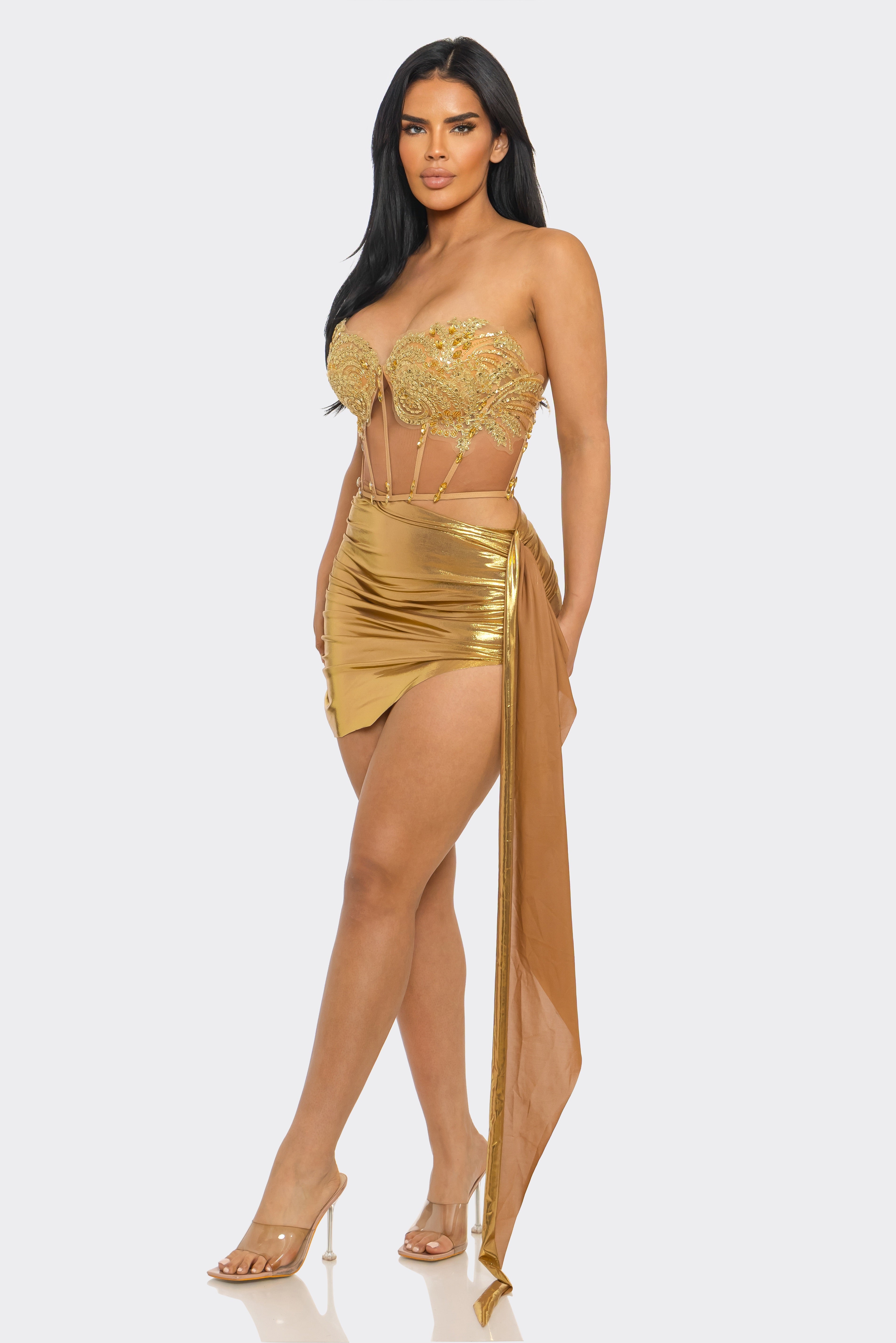 gold two piece dress set Long Sleeve Sequin Two Piece Maxi Dress Black Gold